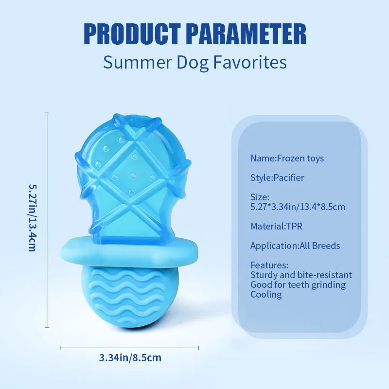 Set of four water-filled dog cooling toys in pacifier, popsicle, and ring shapes on a blue background.