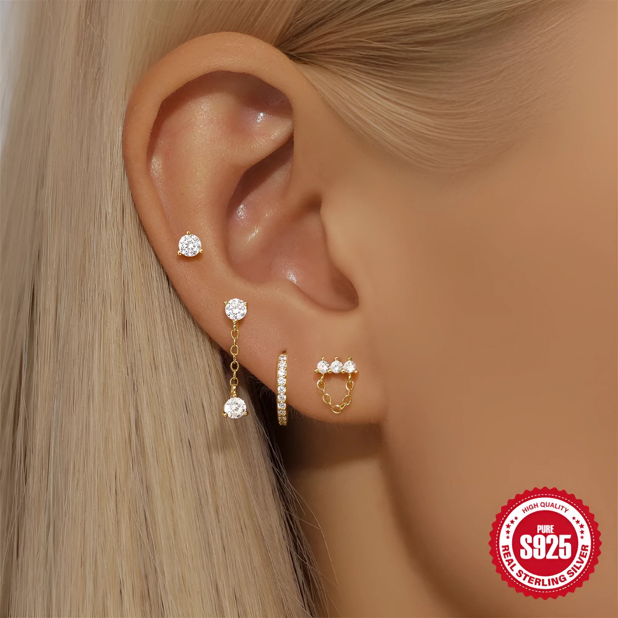 Women's S925 sterling silver geometric clover petal earrings with electroplated gold finish