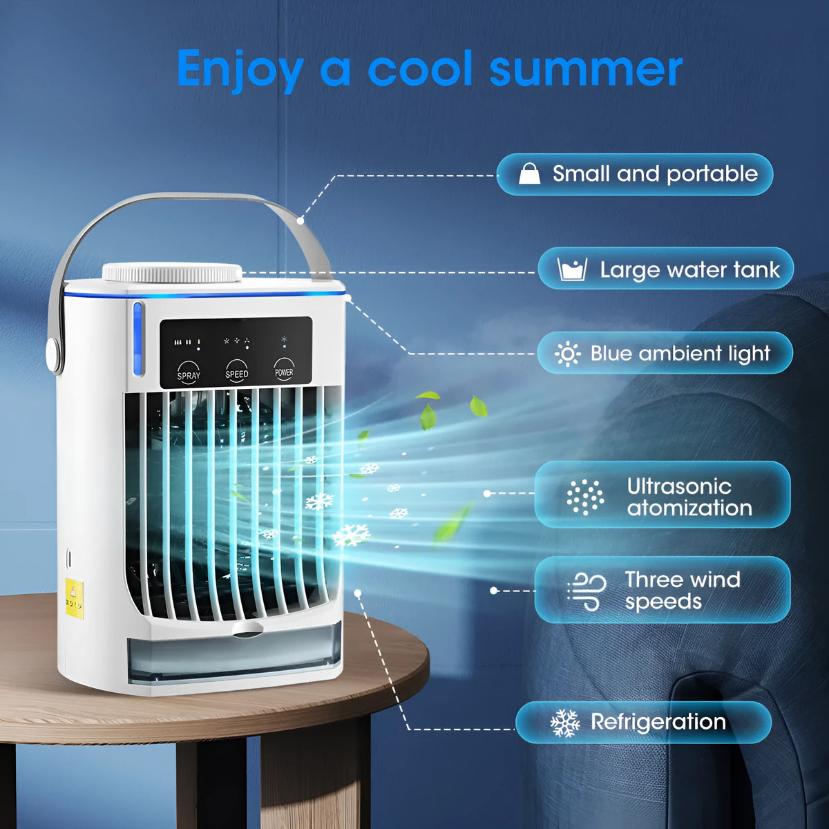 Mini USB air cooler with humidification spray fan on a desk with 3 speed modes and bladeless design