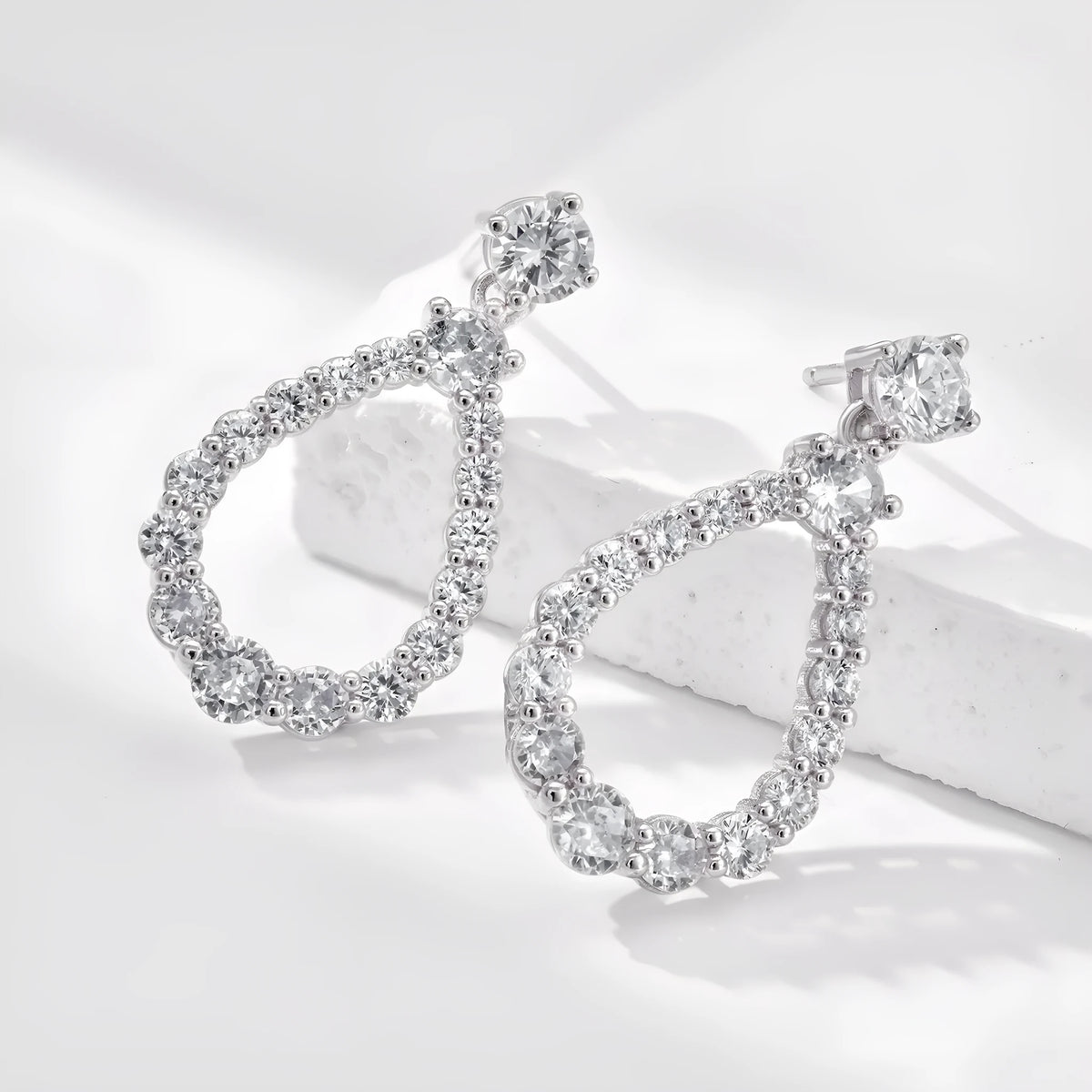 925 silver hollow zircon water drop earrings with platinum electroplate finish, 15 x 28.5mm