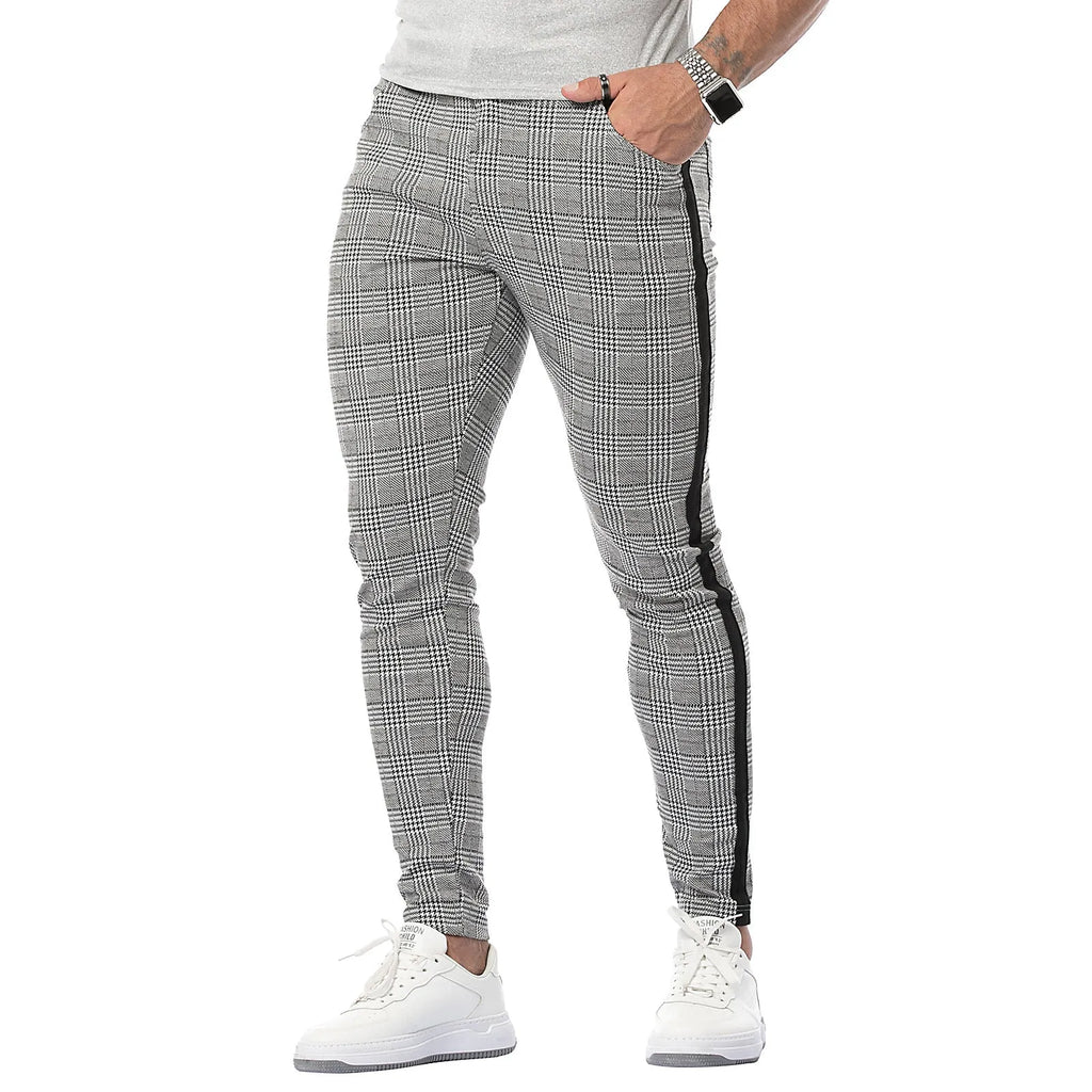 Men's high elasticity polyester plaid casual trousers in black border colourway