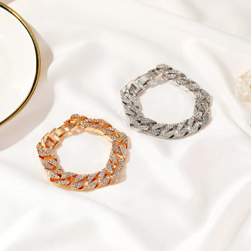 Cuban thick link chain bracelet with rhinestones in gold colour, 8 inch length, alloy construction