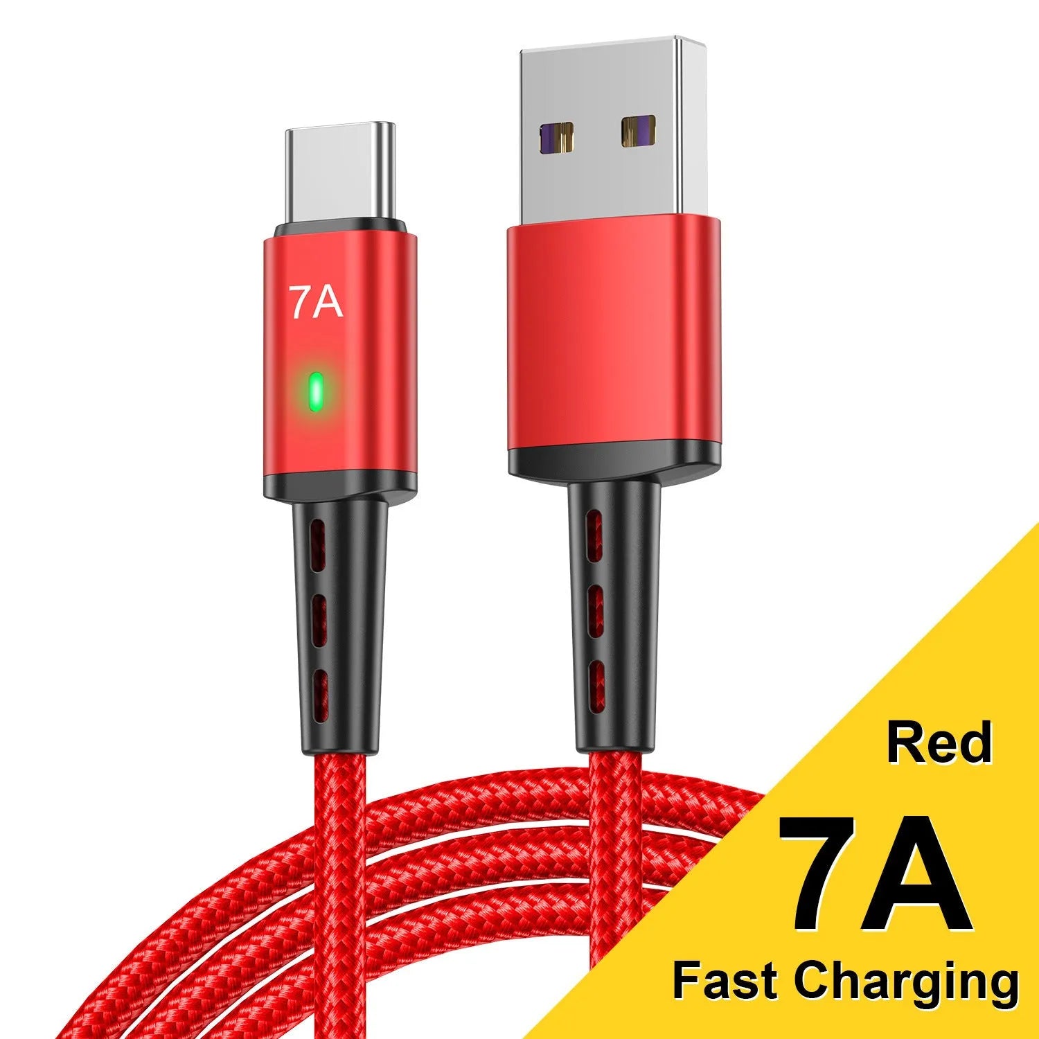 7A braided Type-C charging cable in black with aluminium alloy connector and indicator light