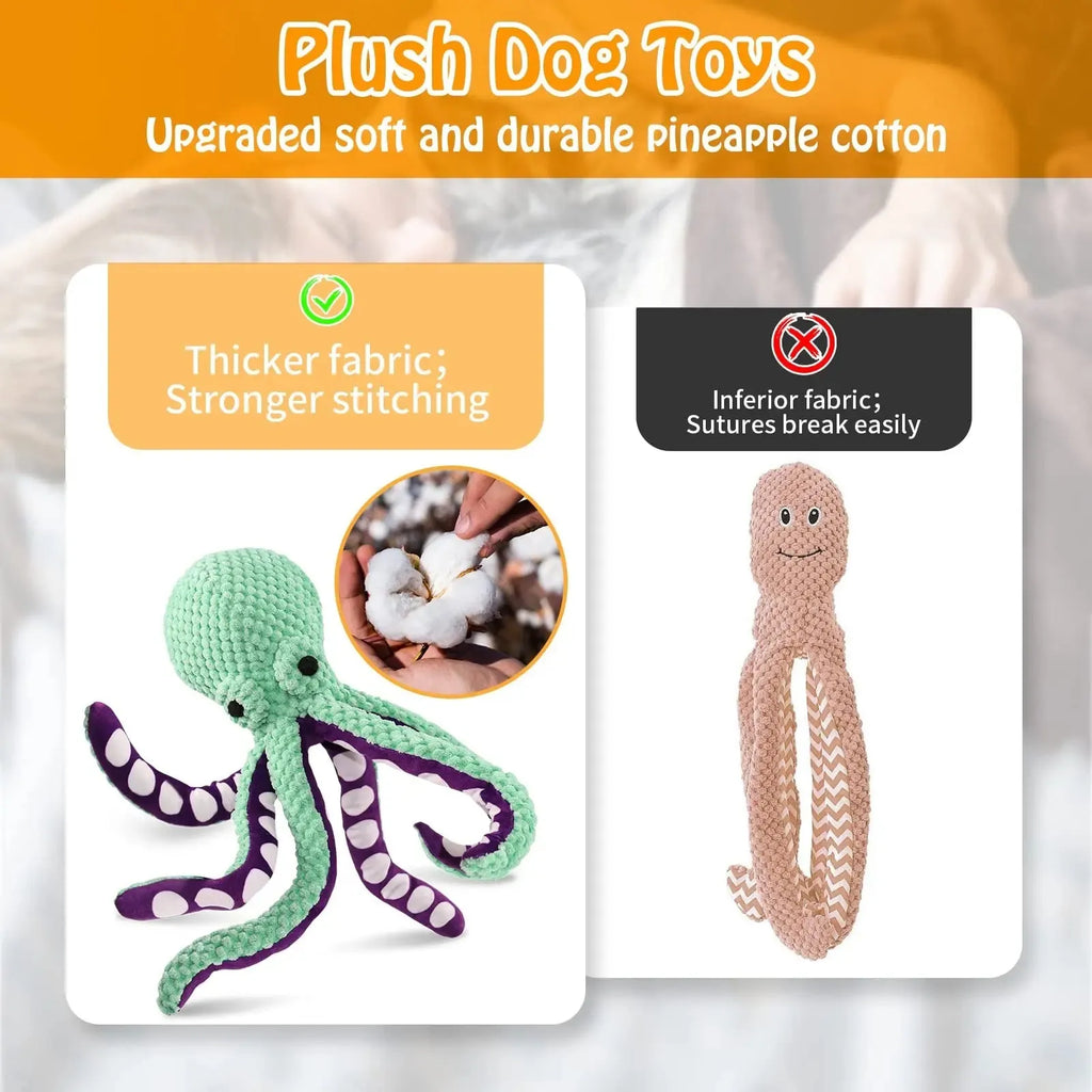 Blue plush octopus dog chew toy with six long legs and cartoon eyes on a white background