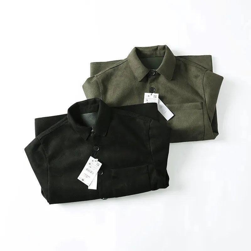 New men's loose lapel long sleeve shirt in black, thin polyester silk fabric, sizes S to XL
