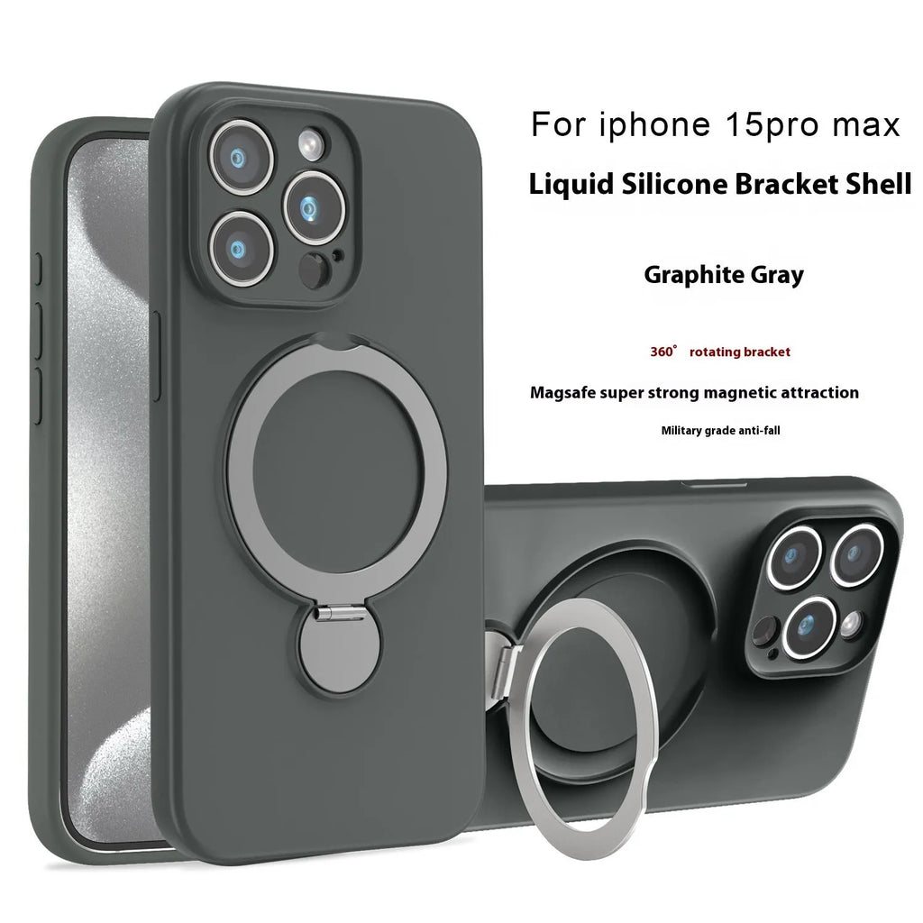 Liquid silicone magnetic bracket phone case for iPhone 14 Pro in Graphite Black showing back with stand and camera cutout