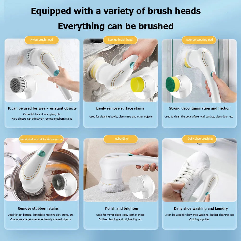 White cordless electric handheld scrubber with five interchangeable brush heads and USB charging cable