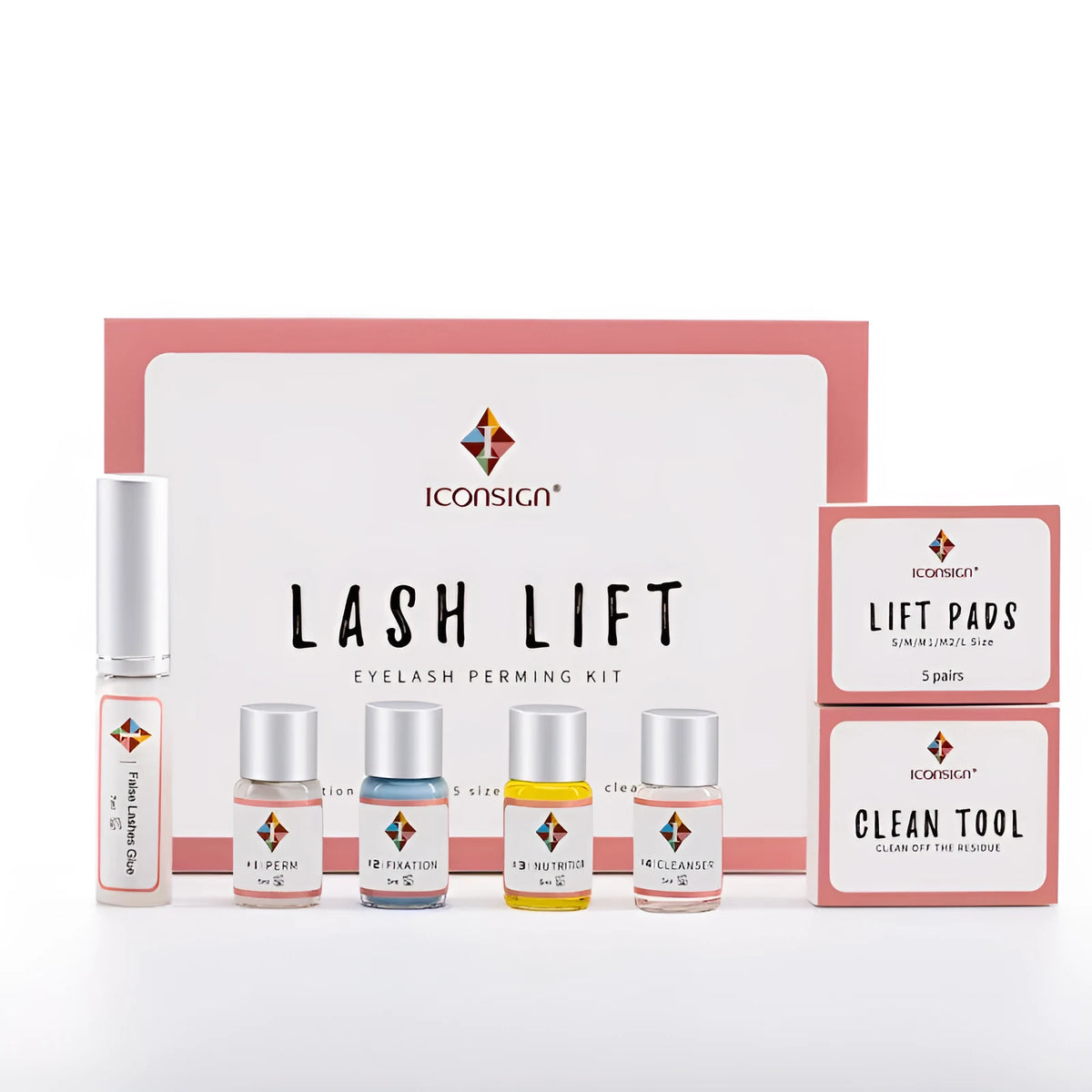 ICONSIGN lash lift kit with lotions, 5ml glue, silicone pads S M M1 M2 L, and Y-shape brushes