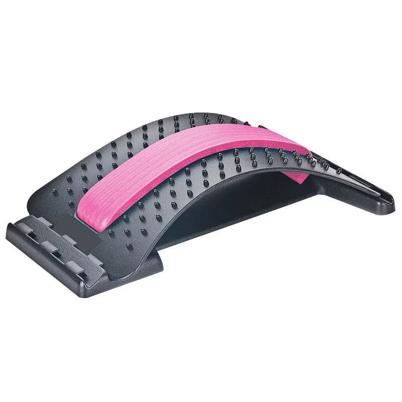 Adjustable back massager and lumbar stretcher in black and colour options, showing massage points.