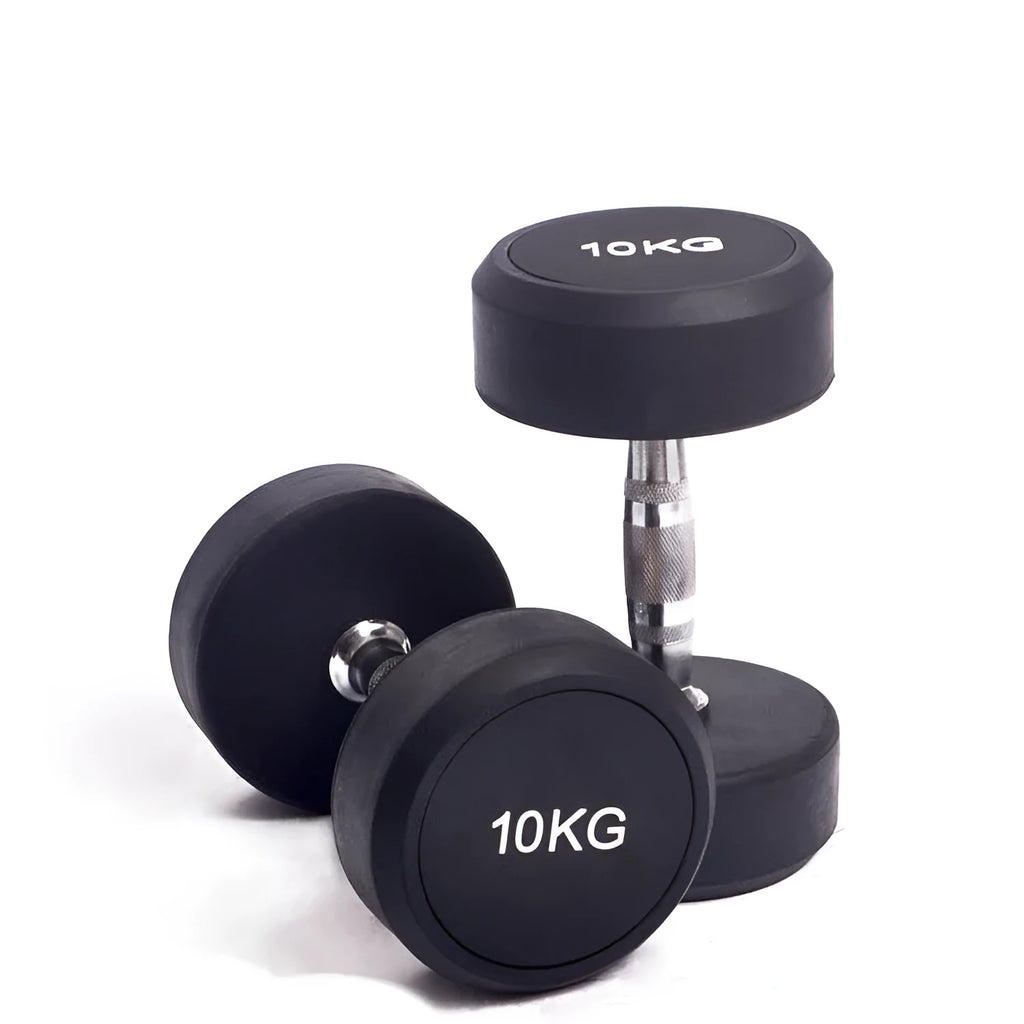 Black cast iron rubberized round head fitness dumbbell, single weight available in 1kg, 2.5kg and 5kg