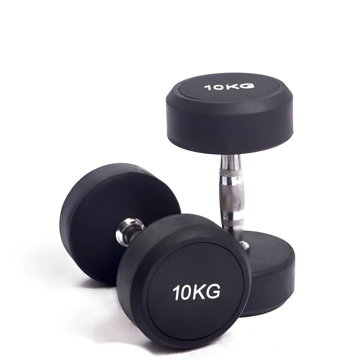 Black cast iron rubberized round head fitness dumbbell, single weight available in 1kg, 2.5kg and 5kg