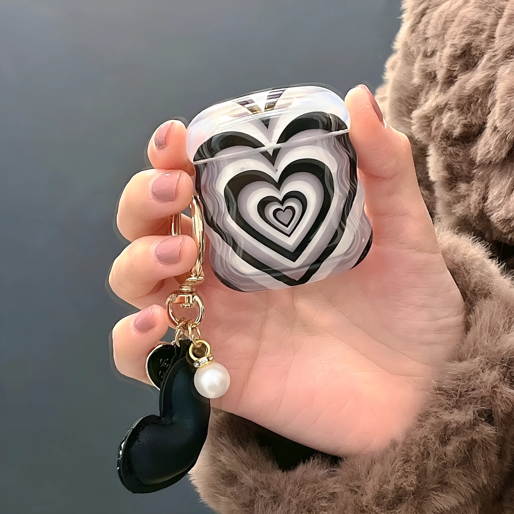 Black stacked heart silicone earphone case for AirPods with pendant, compatible with AirPods 1, 2, 3, Pro and Pro 2