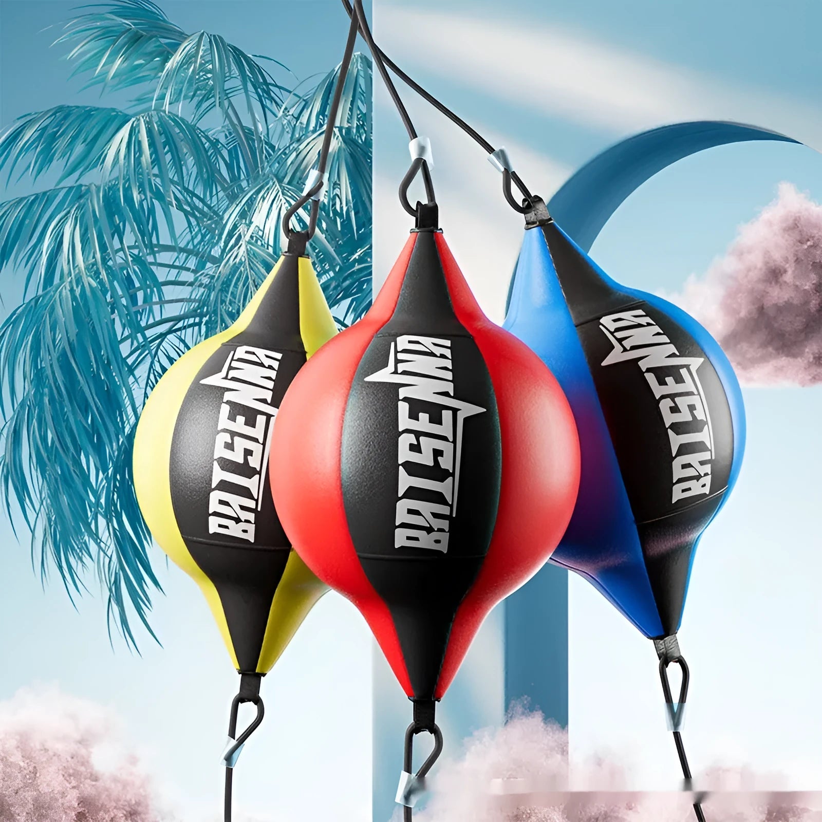 Professional black PU leather hanging dodge ball with red stitching for boxing training.