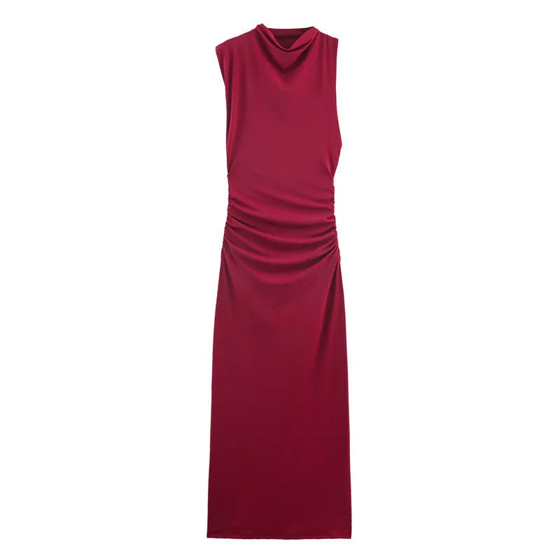 Women's red cotton pleated long dress with asymmetric skirt and stripe pattern on model
