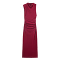 Women's red cotton pleated long dress with asymmetric skirt and stripe pattern on model