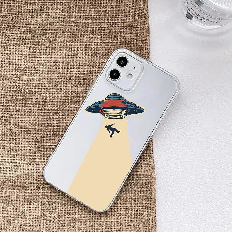 Transparent TPU phone case with UFO astronaut graphic for Apple iPhone