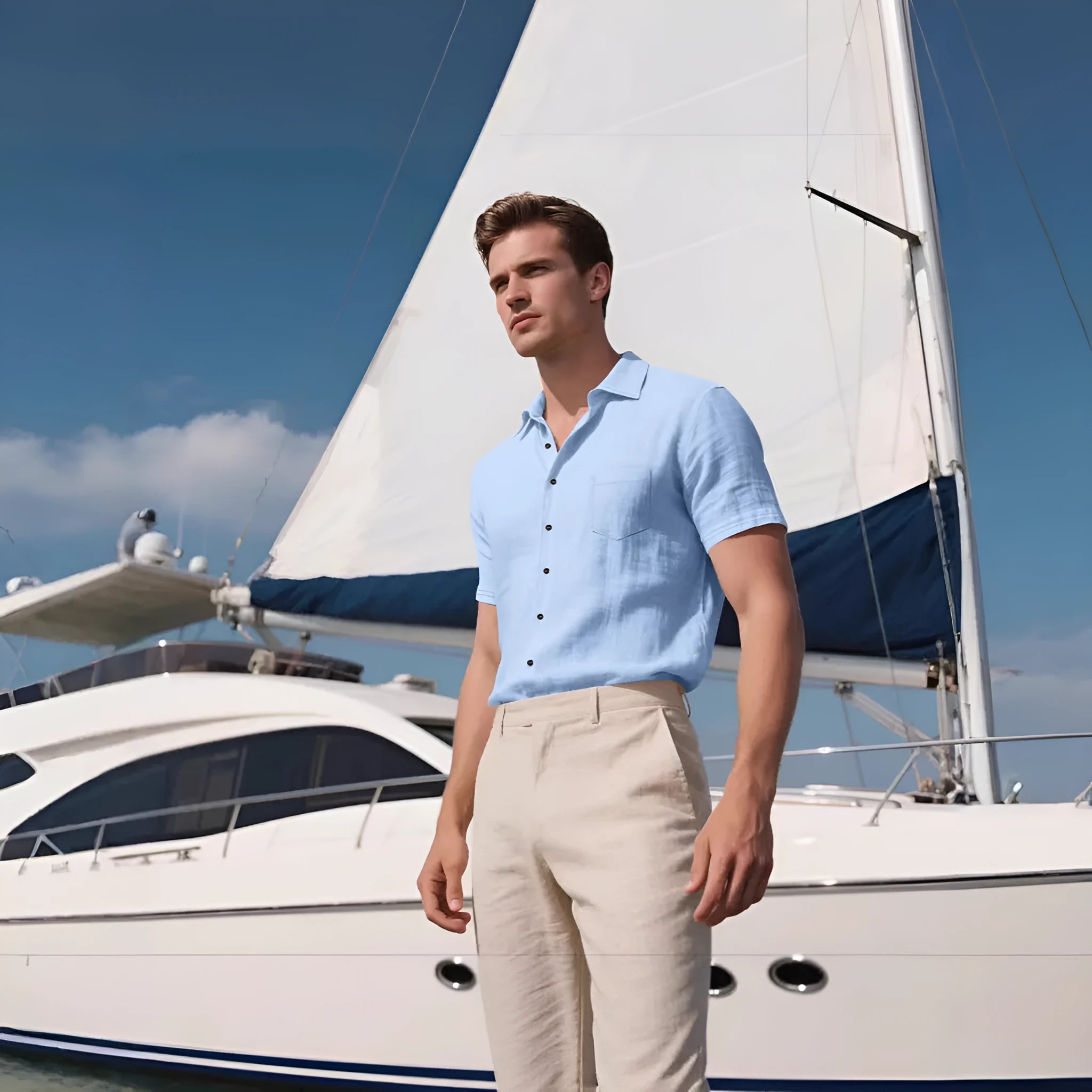 Man wearing a loose-fit grey short-sleeve linen blend shirt for casual leisure.
