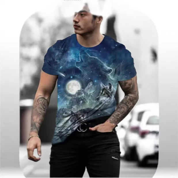 Men's retro 3D animal print T-shirt in bird eye polyester fabric with short sleeves