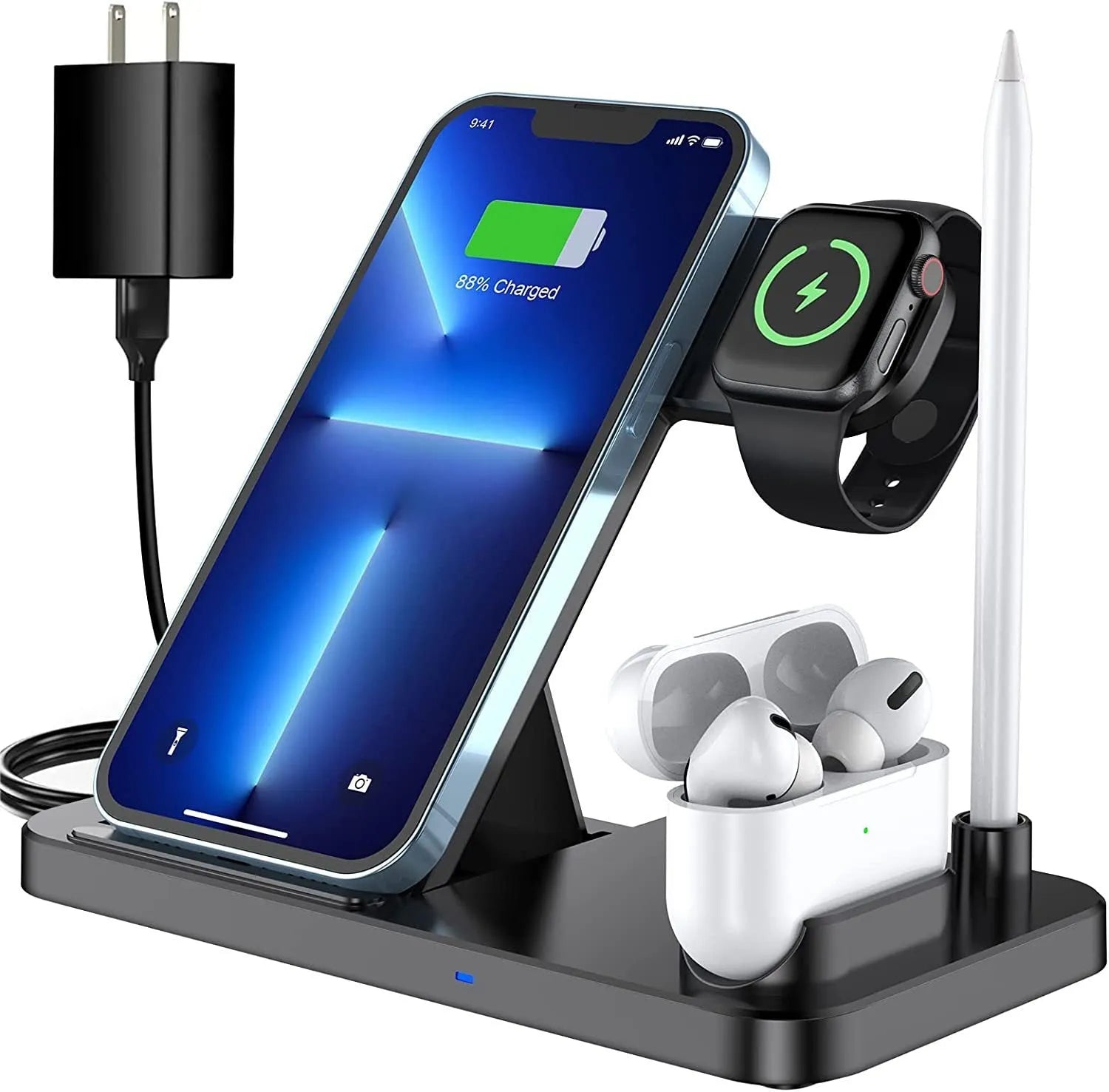 Black four-in-one wireless phone charger with QC3.0 charging head for multiple devices