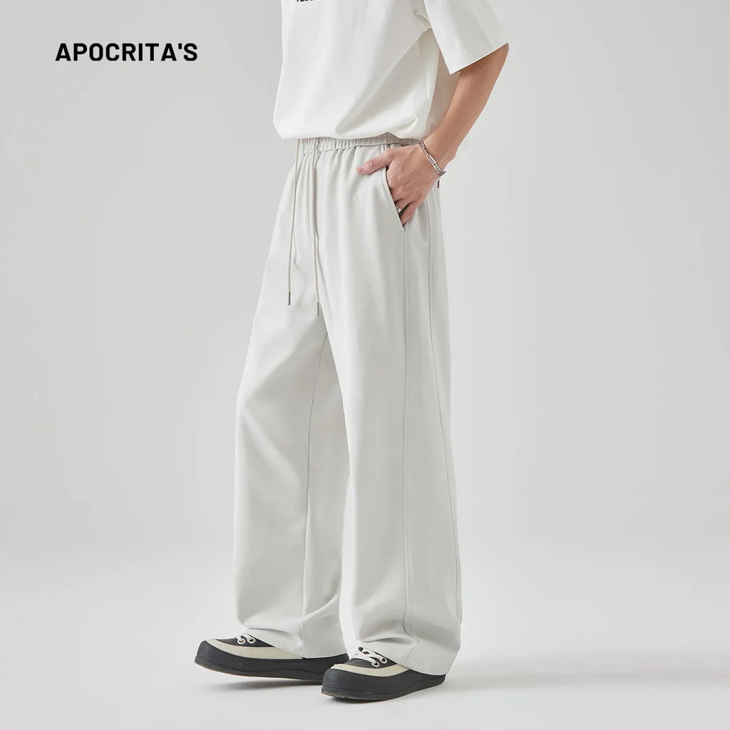 Men's cotton blend summer trousers in grey with high waist and lace-up drawstring