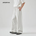 Men's cotton blend summer trousers in grey with high waist and lace-up drawstring