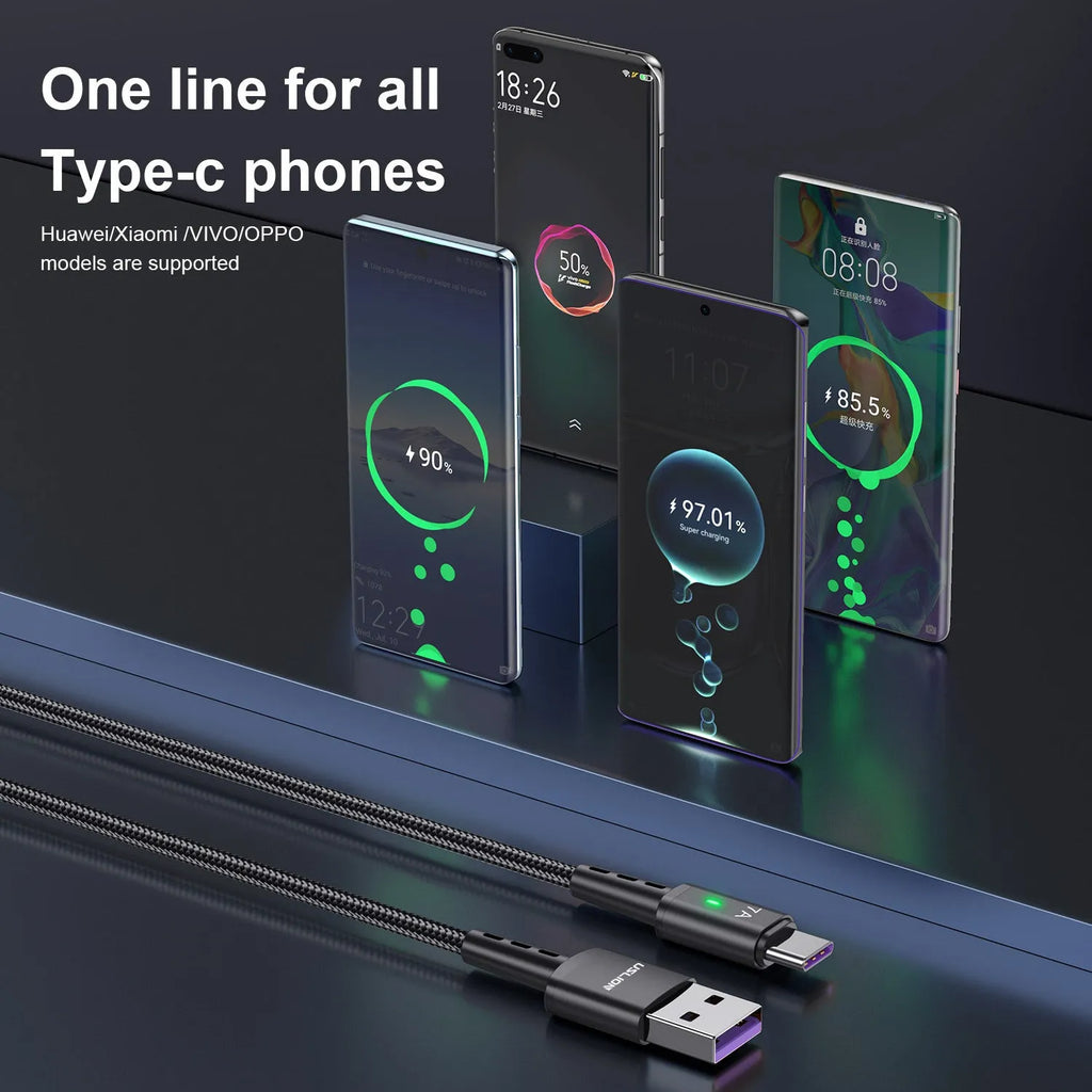 7A braided Type-C charging cable in black with aluminium alloy connector and indicator light
