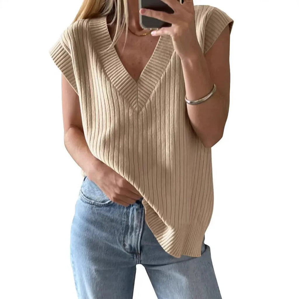 Camel and white v-neck sleeveless loose pullover vest in striped or plaid patterns