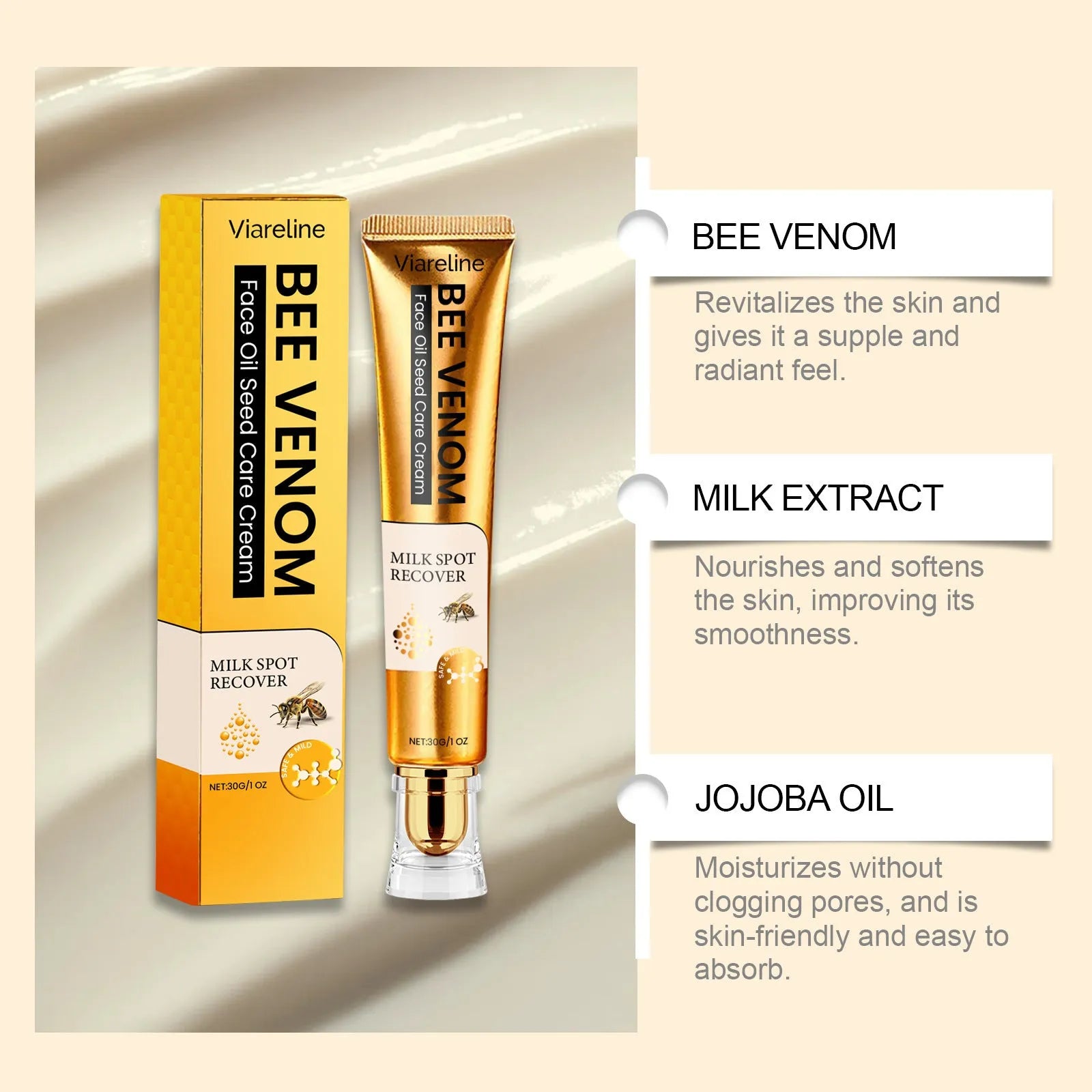 30g jar of facial neck cream with glycerin, mineral oil, and bee venom for hydration
