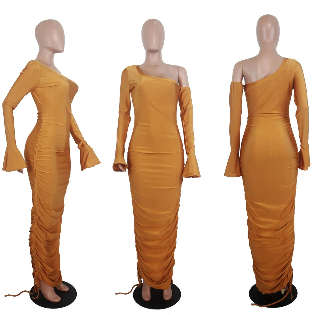 Women's off-shoulder flare sleeve pleated dress in solid orange colour