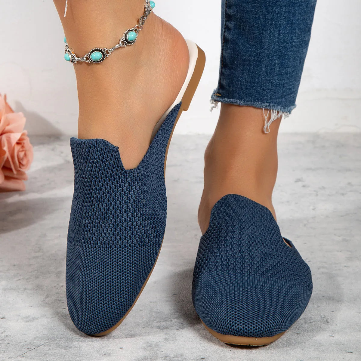 Adult mesh sandals with cloth upper in apricot colour showing slip-on flat sole design