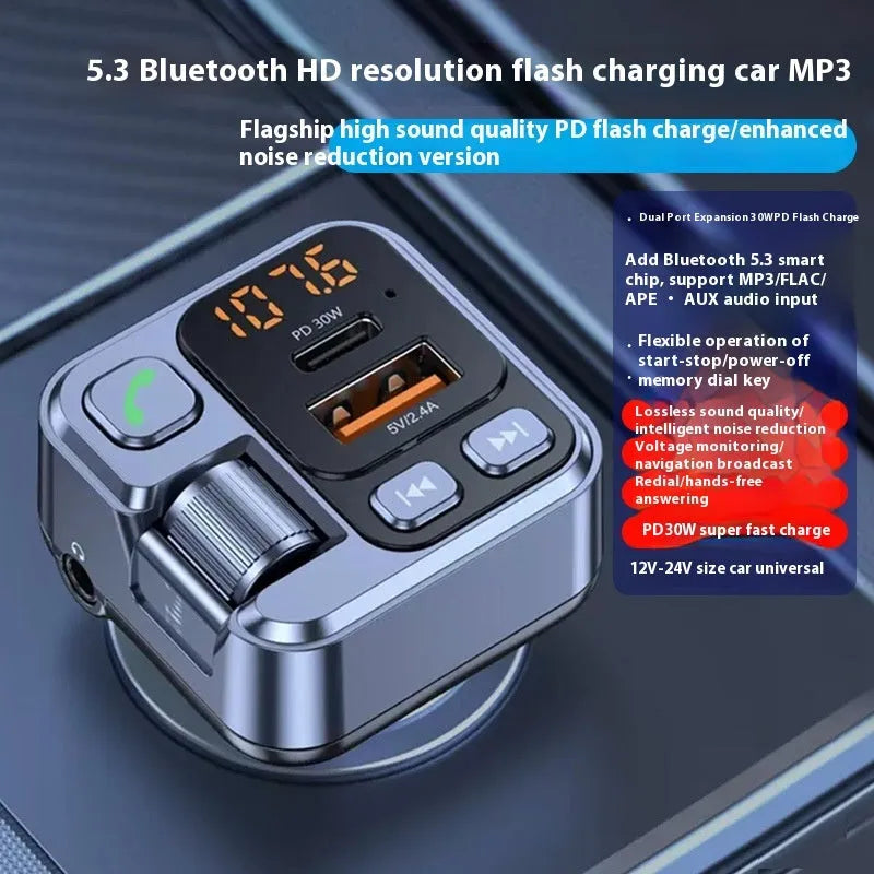 Black Bluetooth car receiver with LED display plugged into a vehicle 12V socket, showing USB-C and USB-A charging ports.