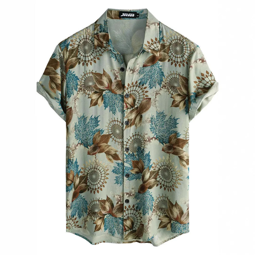 Man's short-sleeve Hawaiian floral print cardigan shirt in elastic polyester fabric.
