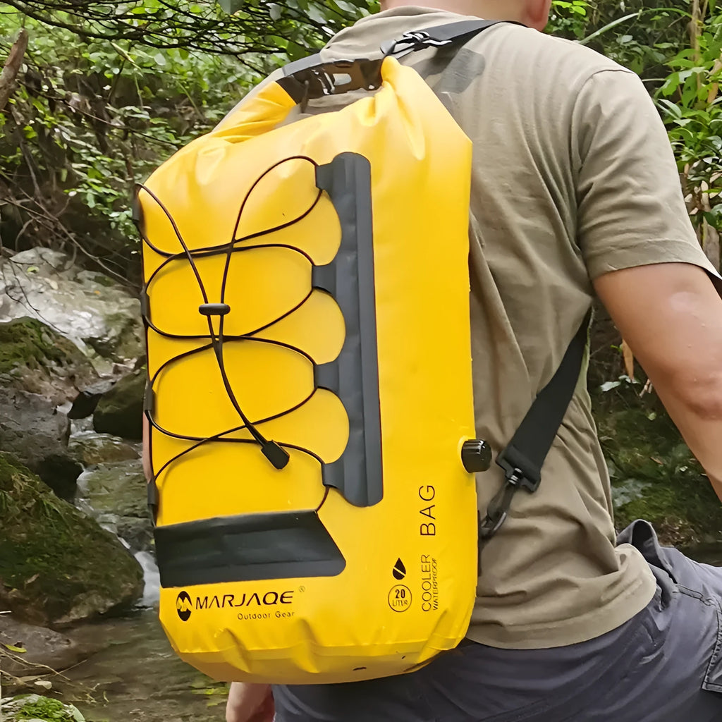 Yellow and black waterproof dry bag backpack with 20L capacity for water sports