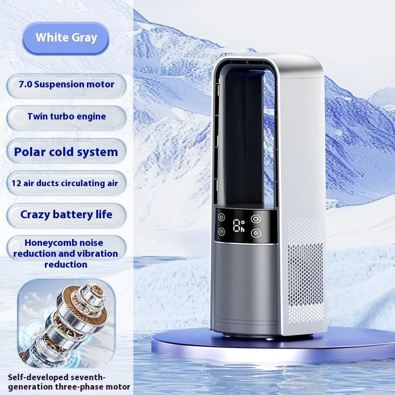 Light grey bladeless twin-turbo fan with digital display, remote control, and 3500mAh USB battery.