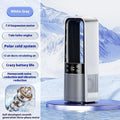 Light grey bladeless twin-turbo fan with digital display, remote control, and 3500mAh USB battery.
