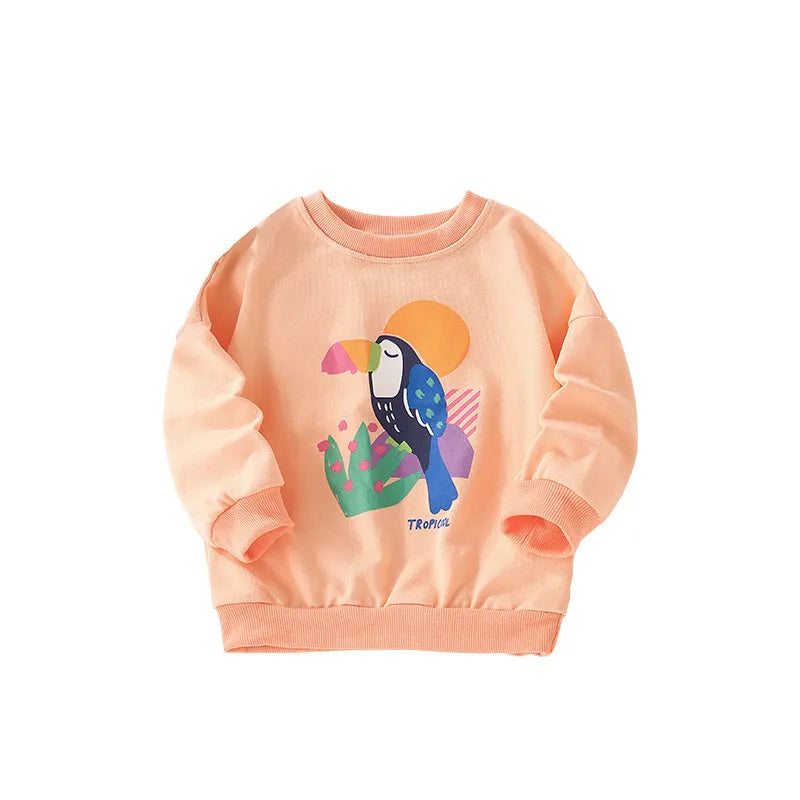 Girls' 100% cotton sweater coat with cartoon animal print and cotton lining, pullover style, no hood