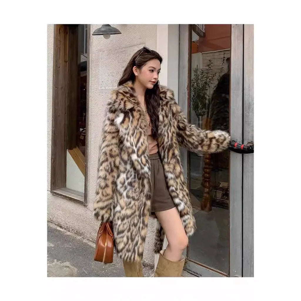 A woman's long faux fur coat with a fur collar in a street fashion style.