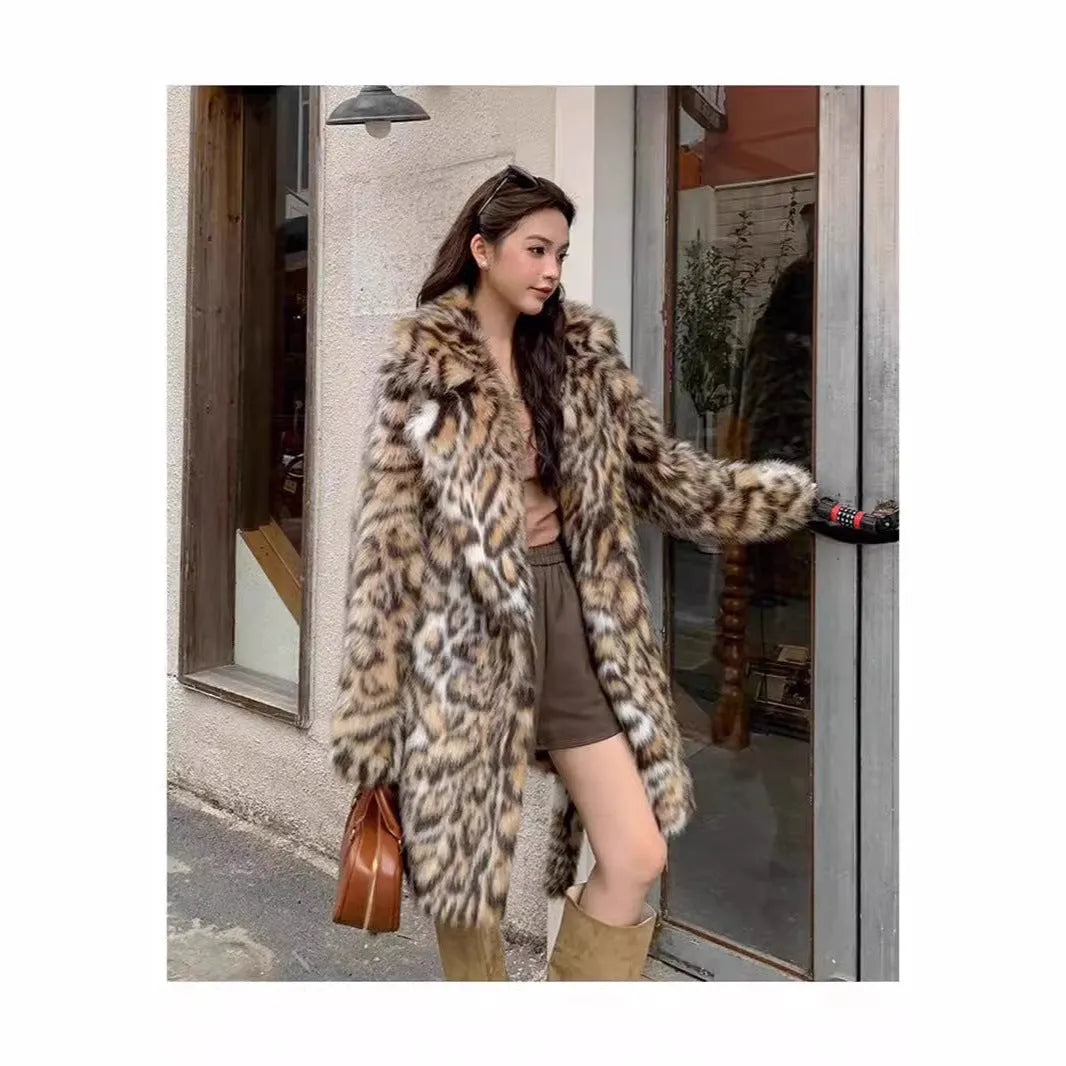 A woman's long faux fur coat with a fur collar in a street fashion style.