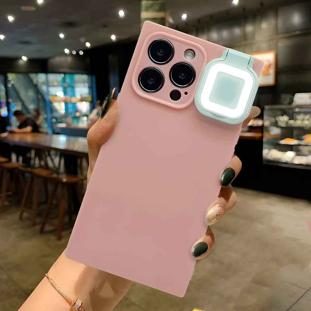 Ring flash mobile phone case with LED light for iPhone 13 in pink, white, or green colour options