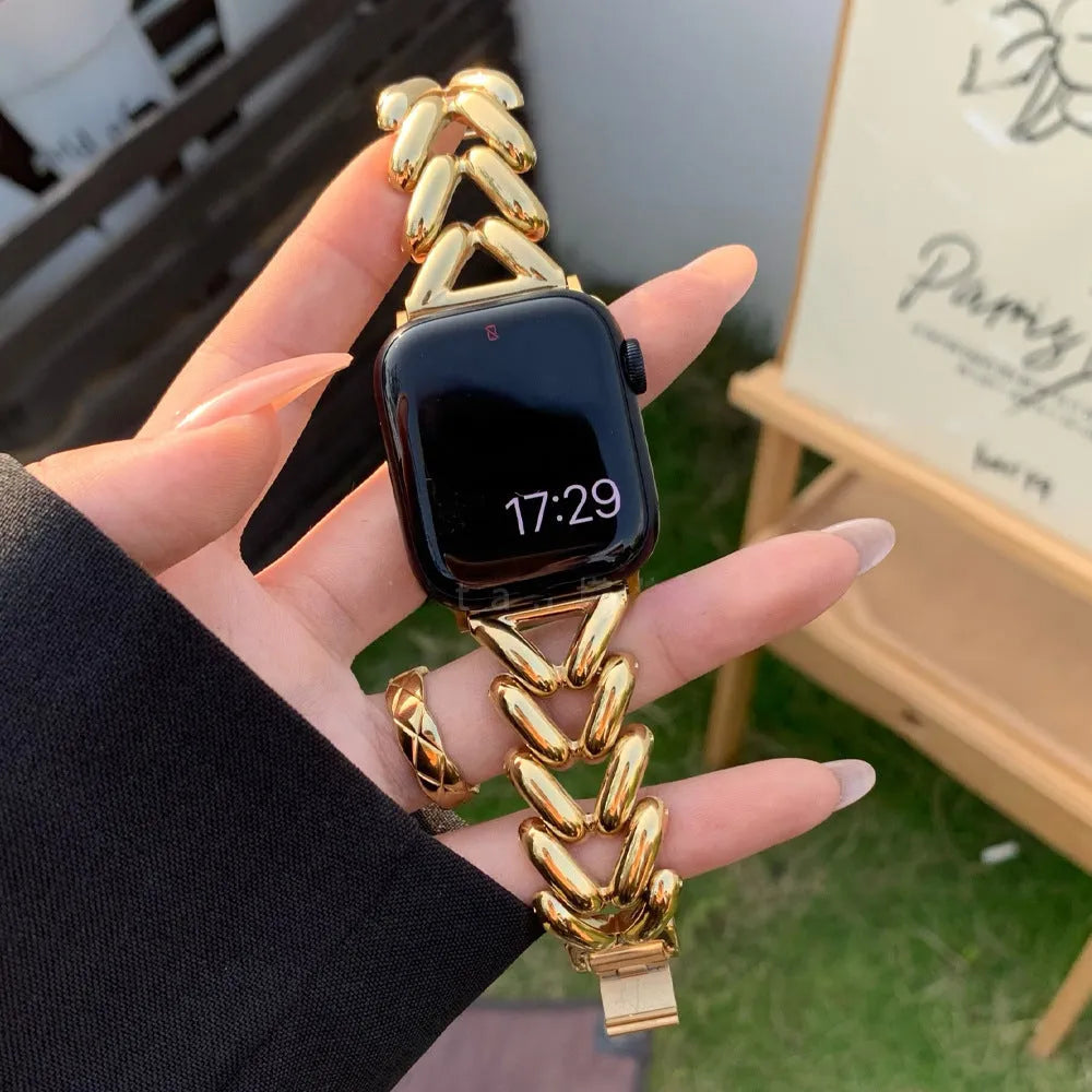 Single row V chain metal watch band for Apple Watch 1 to 8 in silver, black, gold, rose gold or starlight, 22mm to 49mm