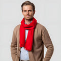 Men's solid red double-sided velvet scarf with tassel ends on a neutral background