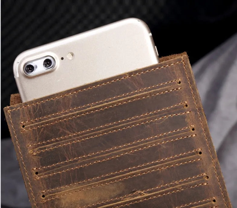 Men's slim leather card wallet in first-layer cowhide with 18 card slots, a money compartment, and a mobile phone slot.