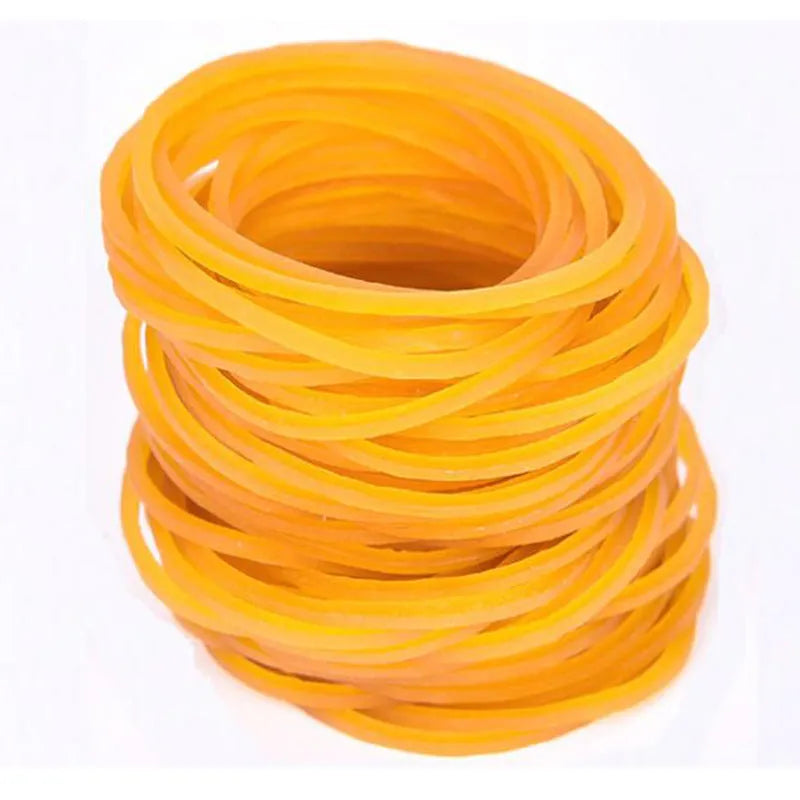 500g bundle of yellow rubber bands showing multiple diameter sizes from 16mm to 70mm
