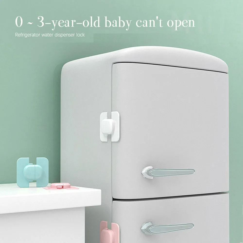 Adjustable child safety cabinet lock with strap showing grey colour and adhesive backing