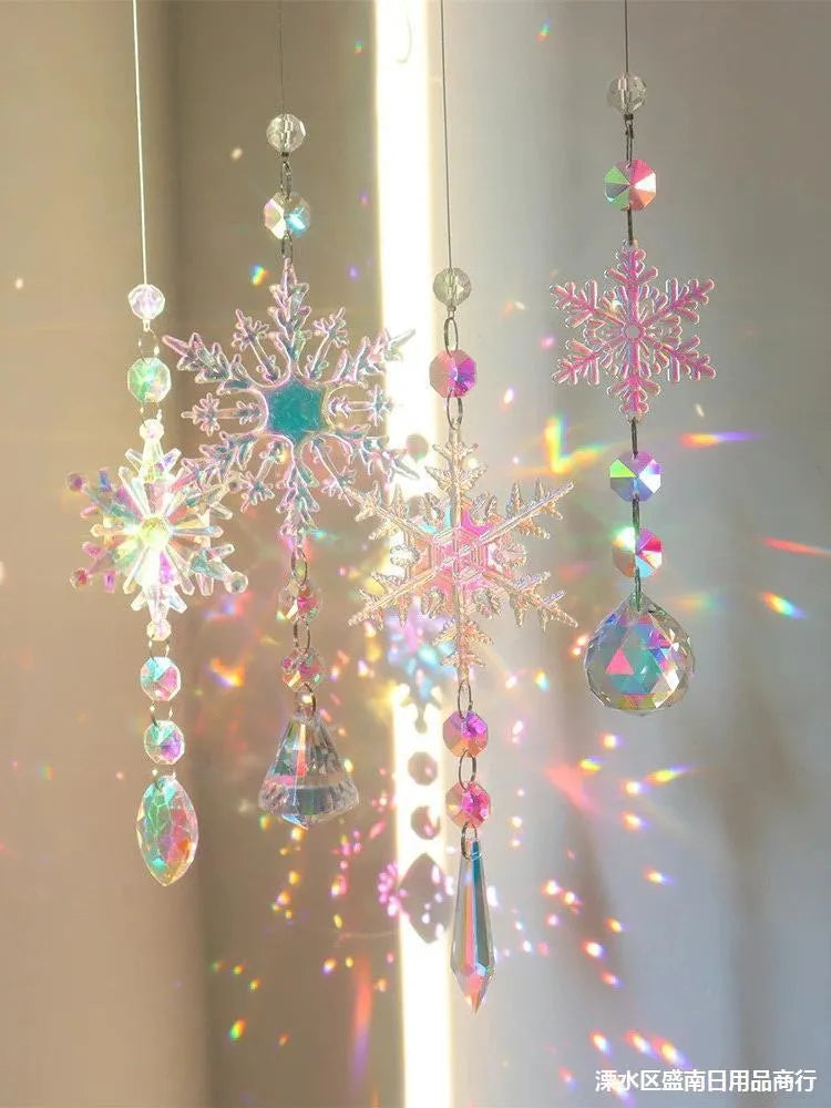 AB colour acrylic snowflake Christmas tree decoration dreamcatcher with hanger, large 9cm and small 4.5cm sizes