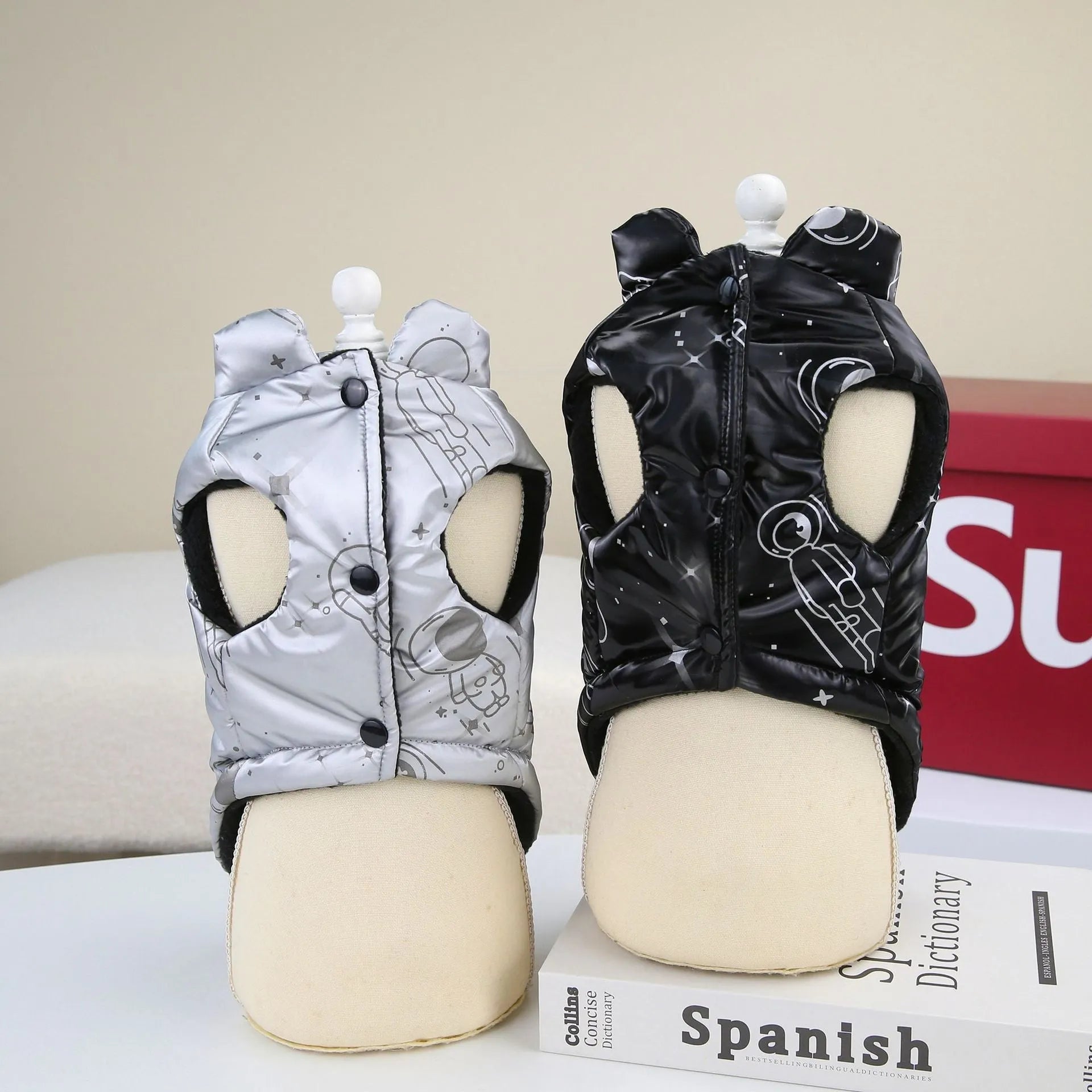 Silver cotton pet vest for small dog, side view on flat surface
