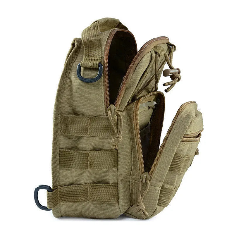 Compact camouflage tactical backpack with MOLLE webbing on front, carried as a shoulder bag.