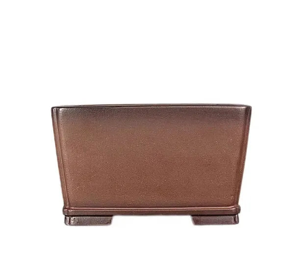 Handmade brown antique-style purple clay square flower pot on a surface.