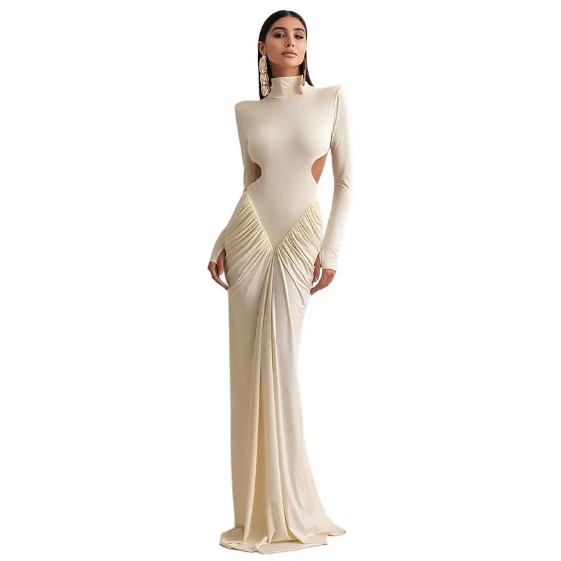 Long sleeve high collar backless pleated slim fit dress in light apricot colour