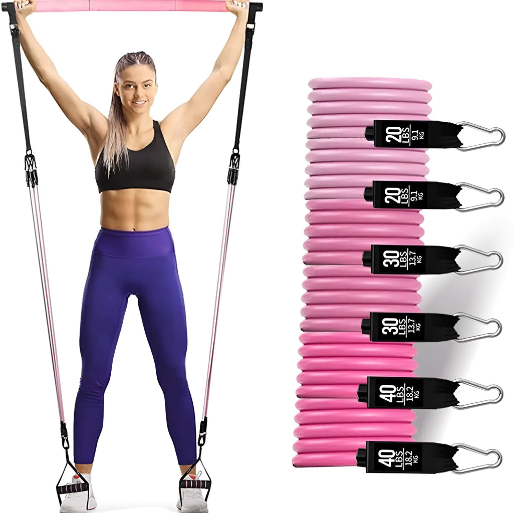 Yoga gymnastic bar with 180 pounds pink TPE resistance band and pull rope set